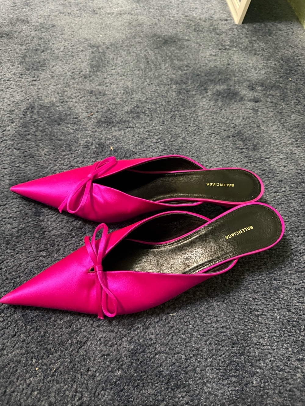 Balenciaga Hot Pink Pointed-Toe Satin Slip-On Mules with Bow